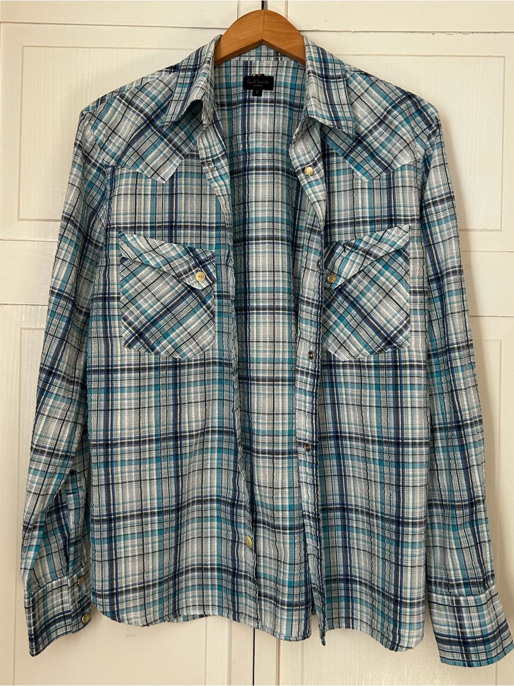 Paul Smith Jeans Mens Size L Long Sleeve Pearl Snap Button Down Plaid Shirt - Picture 14 of 16